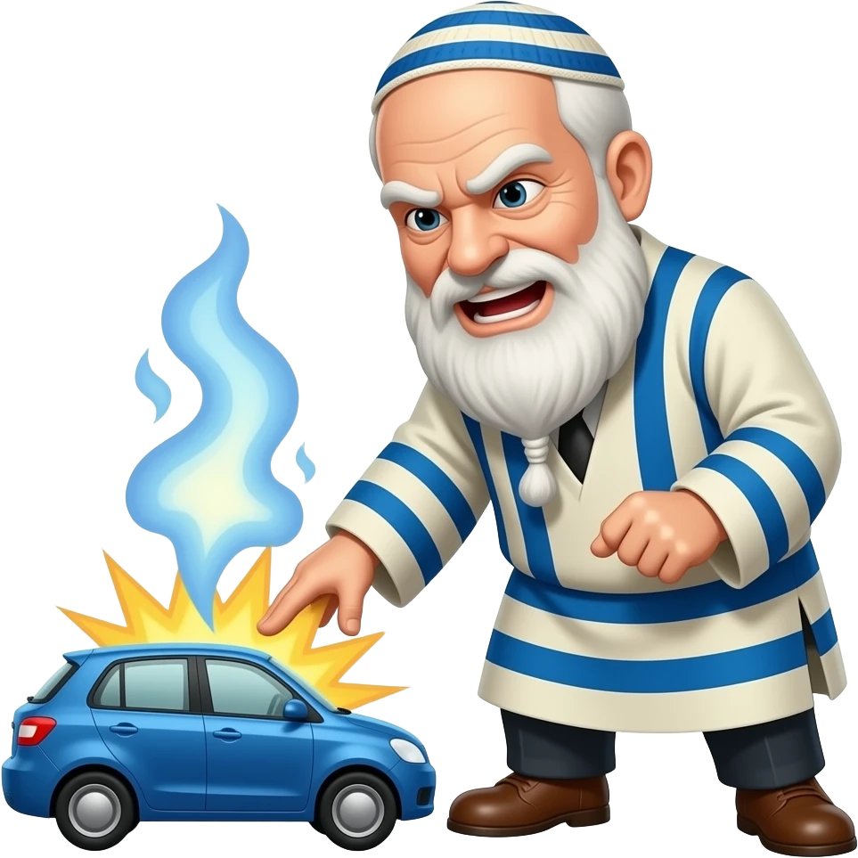 A bald, old, evil Jewish man wearing a Yamaca magically striking down a car emoji