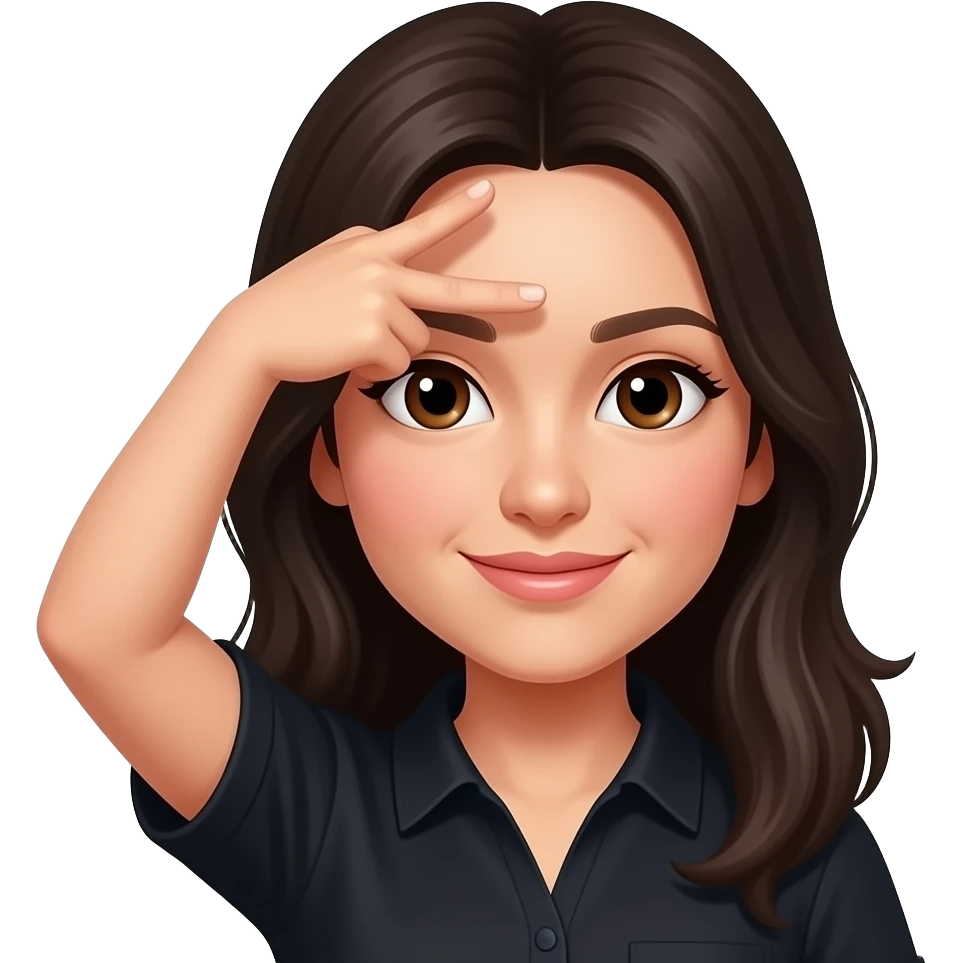 Woman with dark long hair brown eyes black shirt making L fingers on forehead emoji