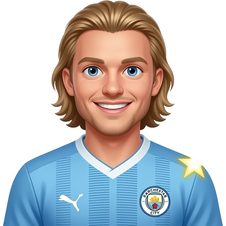 Haaland-inspired 3D emoji, full Manchester City jersey, 1 glowing star on right shoulder. emoji
