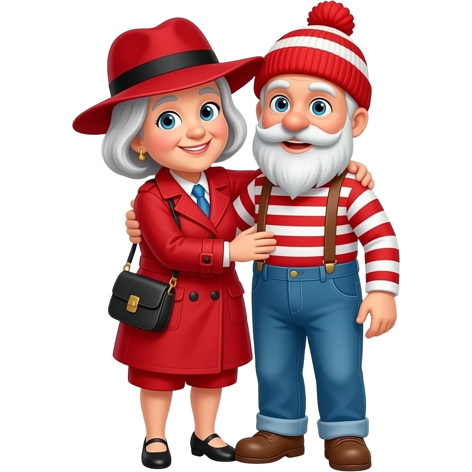 Carmen San Diego, an old woman wearing a red trench coat, a wide brim red hat with black band, and red shorts and Waldo, an old man with a white beard wearing blue jeans, suspenders, a red and white striped shirt and a red and white striped knit beanie hat hugging (fullbody) emoji