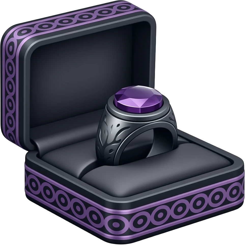 Obsidian gen ring in a black box with purple ornate trim emoji