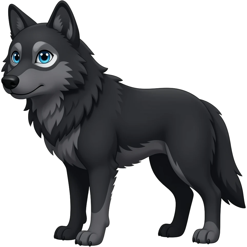 black wolf with blue eyes and a greyish white patch around the eye, underbelly and tail emoji