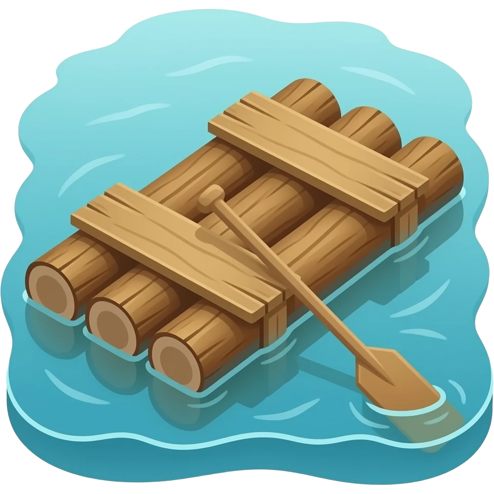 “Wooden log raft made from lashed logs, flat platform with no hull ...