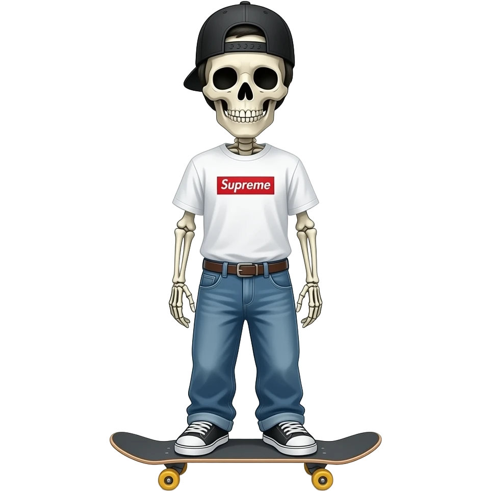 Swag  skeleton dressed good like baggy jeans  supreme white shirt  no belt  black new era cap nondchalant like skate emoji