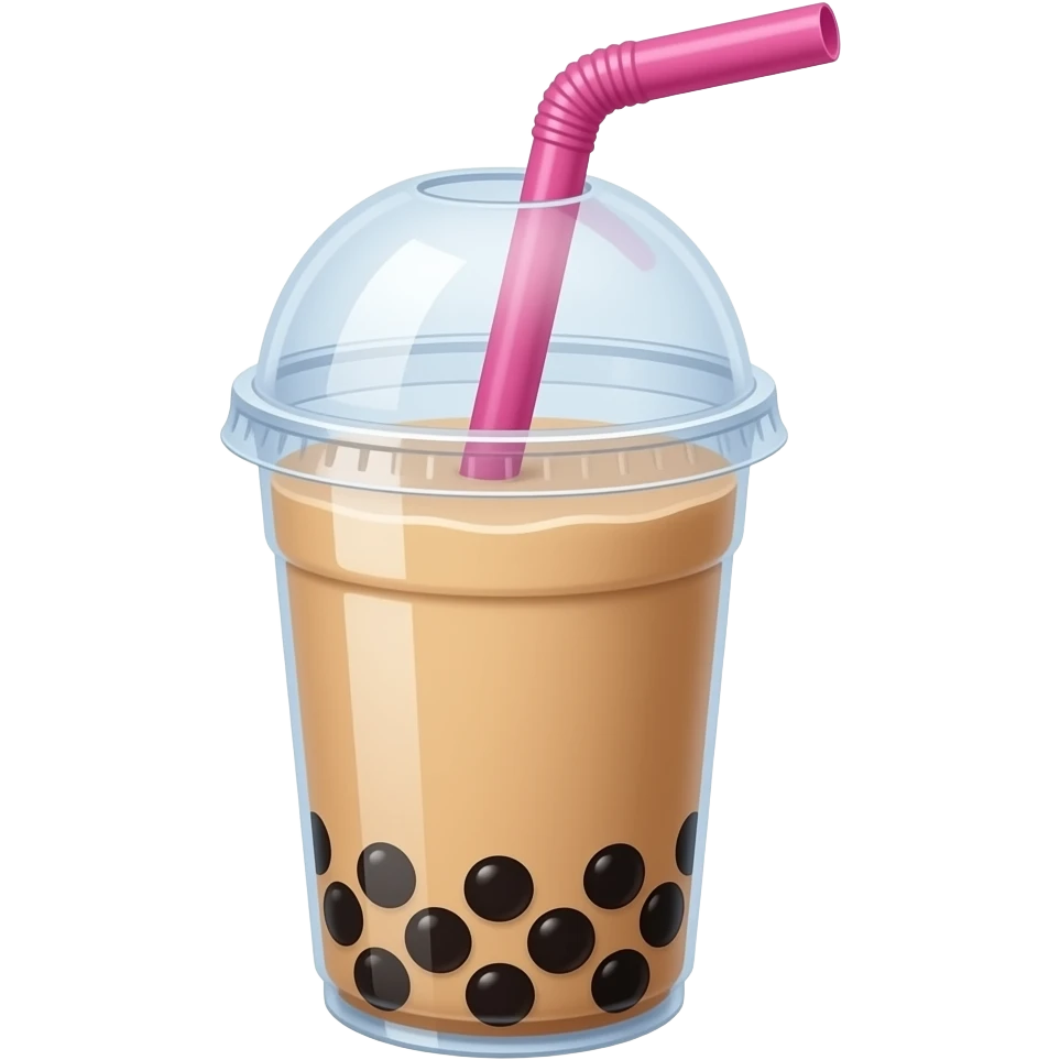 3D emoji style bubble tea in a clear plastic cup, 
creamy milk tea with black tapioca pearls at the bottom, 
a wide pink straw sticking out the top with a sealed lid, 
Apple emoji aesthetic, soft highlights, 
transparent background, bold simple shapes emoji