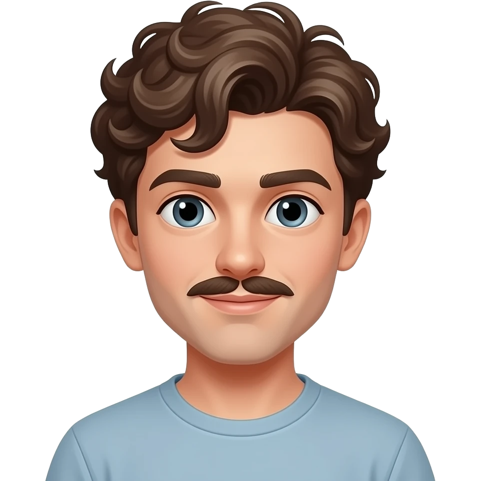 young 20's male with curly brown hair and premature mustache emoji