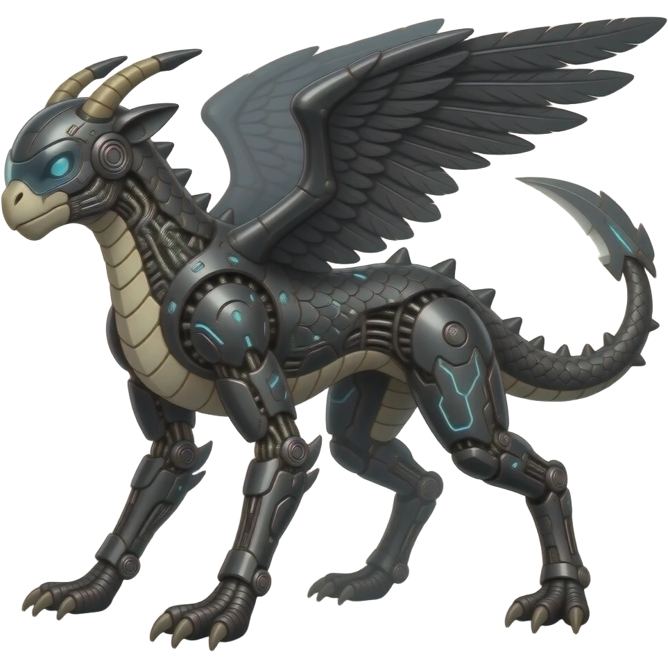 Cool edgy fiery bipedal scaly cybernetic visor-helmeted, Circuitry-patterned black-scaled digitigrade futuristic fantasy-Cyberpunk-Steampunk-Solarpunk-Genesect-Cyclizar-Salandit-Protogen-Fakémon-animal-hybrid, feathery, tail blade, back spikes emoji