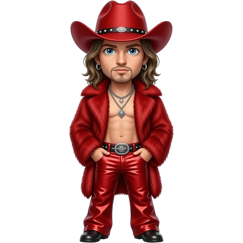 Kid Rock with blue eyes, long dark blonde hair, red cowboy hat, red fur shawl, red metallic baggy pants, shirtless with necklace and earrings emoji