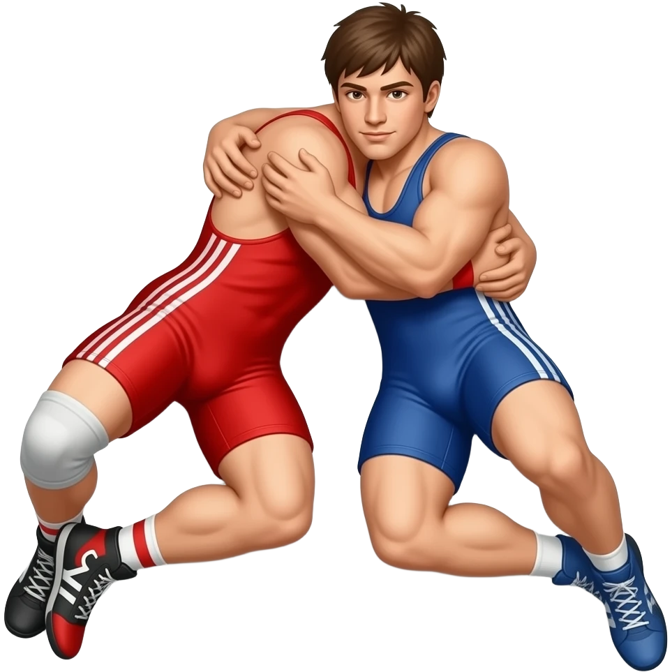 Erstelle ein Bild von zwei Wrestler in kurzen, knappen und engen Wrestler-suits, die beiden haben unterschiedlich Farben an (rot und blau) und sie ringen eng umschlungen miteinander auf dem Boden liegend emoji