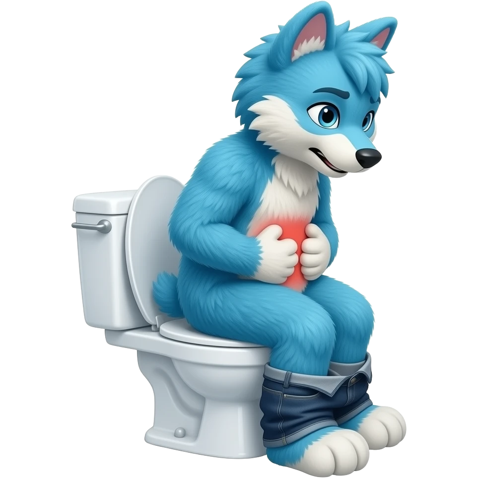 blue fursuit sitting on toilet, side view, pants down, hands on stomach, stomach ache emoji