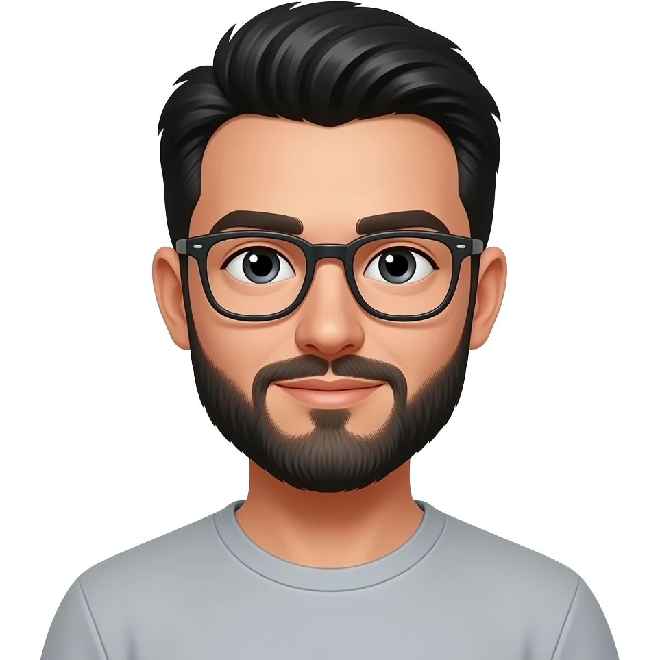 a twenty year old man with beard, black hair, middle part and glasses emoji