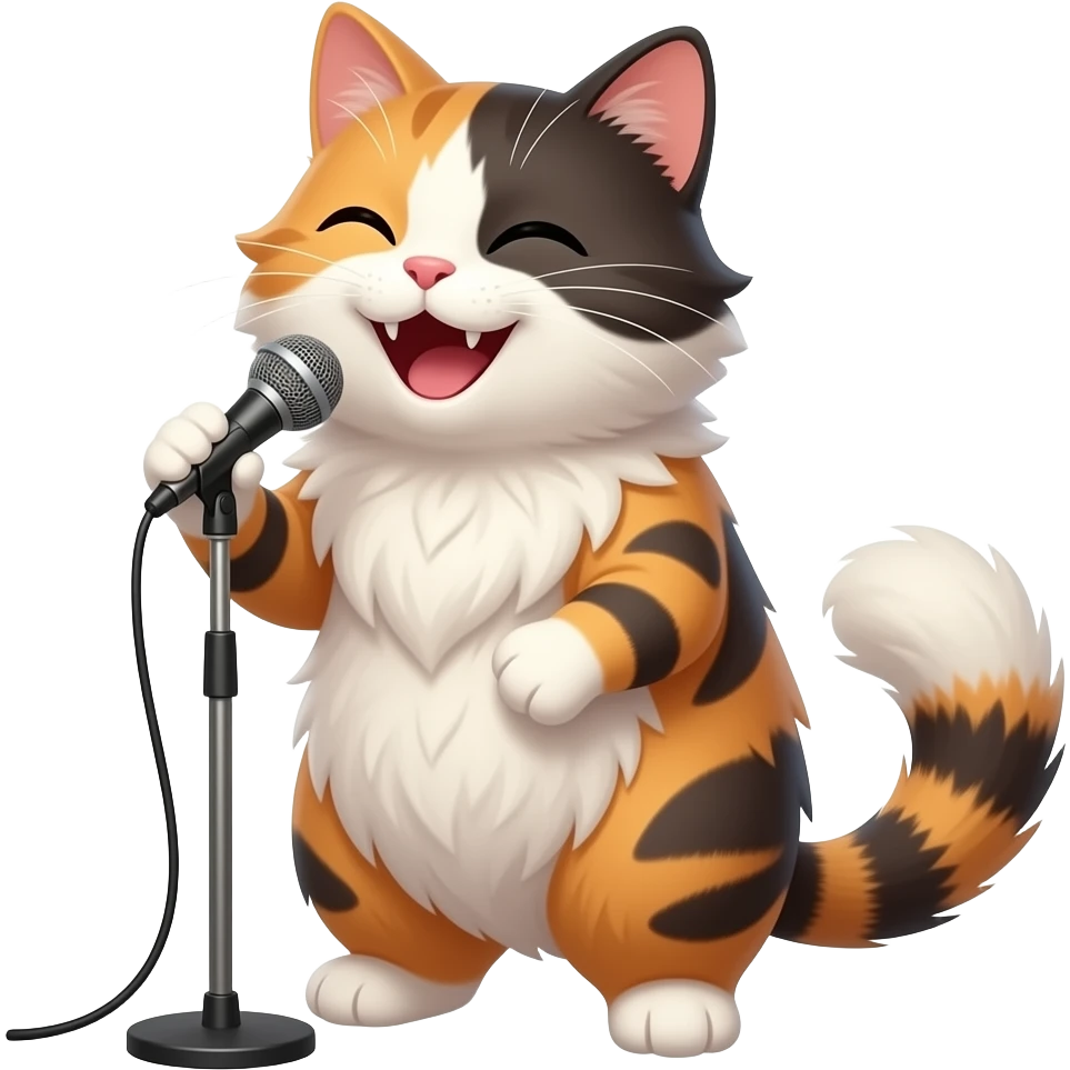 smiling extremely long-haired calico cat singing karaoke emoji