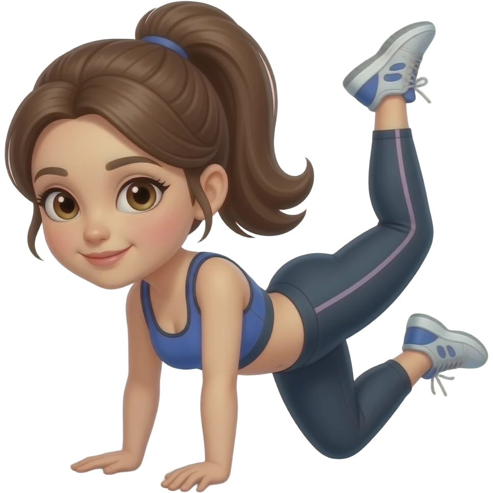 Girl with brown hair in a ponytail and brown eyes wearing workout clothes doing acro emoji