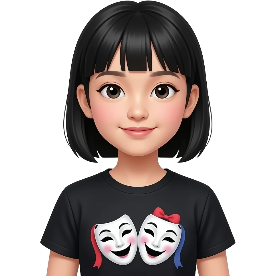 Ha i capelli neri e cinese si trucca pochissimo e si veste abbastanza elegante Ed e una femmina Ha 11 anni e la maglietta e con le maschere del teatro Ha il viso da 13 enne emoji