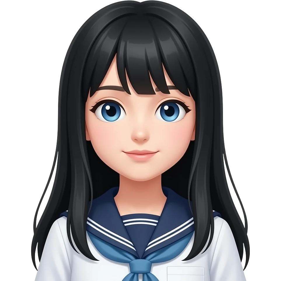 Half body emoji of a girl with long black hair, no bangs, blue eyes in a school uniform emoji