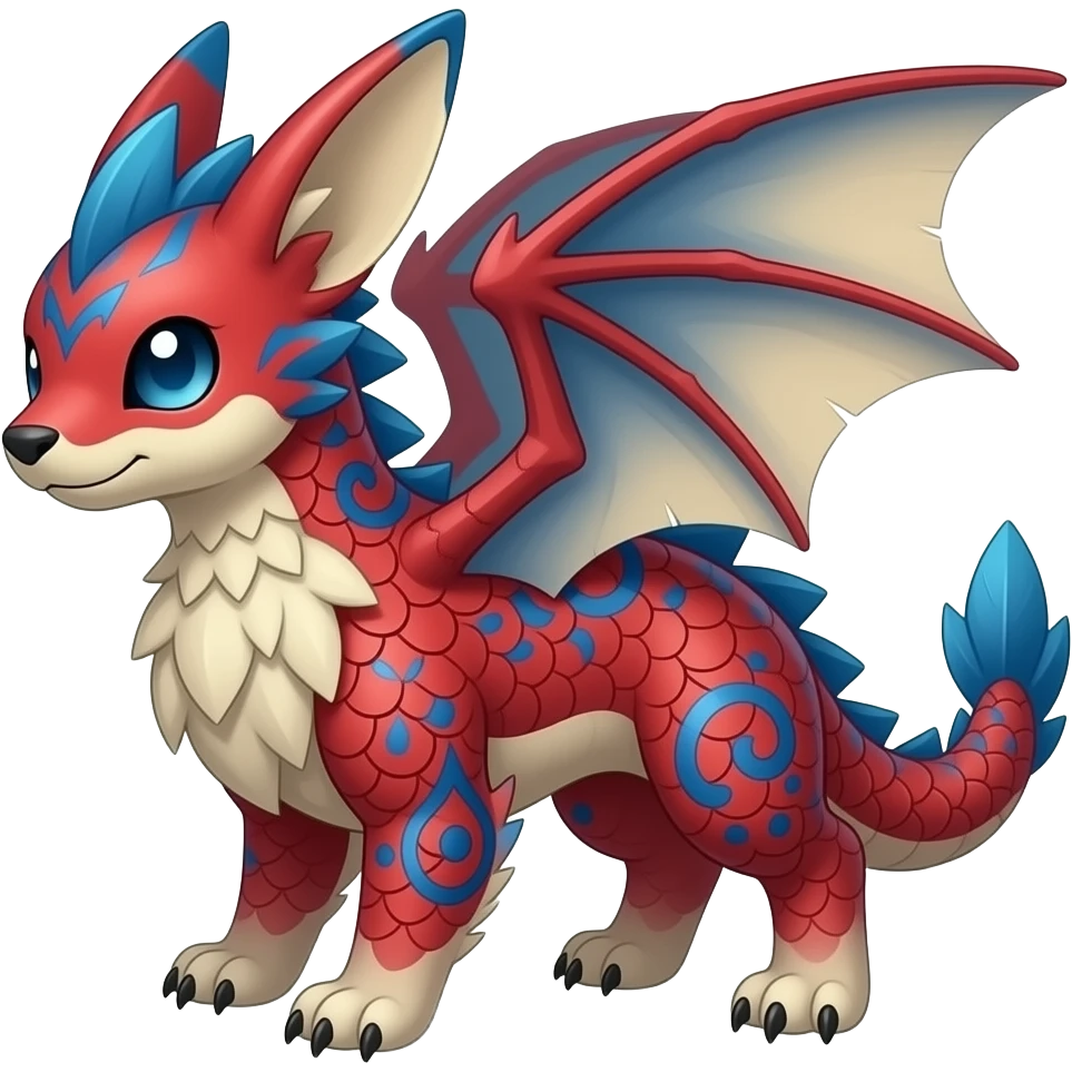 scaly shiny feathered damask-patterned tribal-patterned digitigrade quadrupedal Red and blue Vaporeon-Salandit-Toothless-hybrid emoji