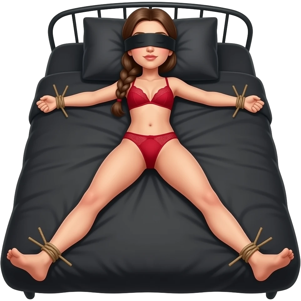 woman in blinfold, in lacy red bra and thong, braided ponytail, laying face down, arms and legs tied apart, on black bed emoji