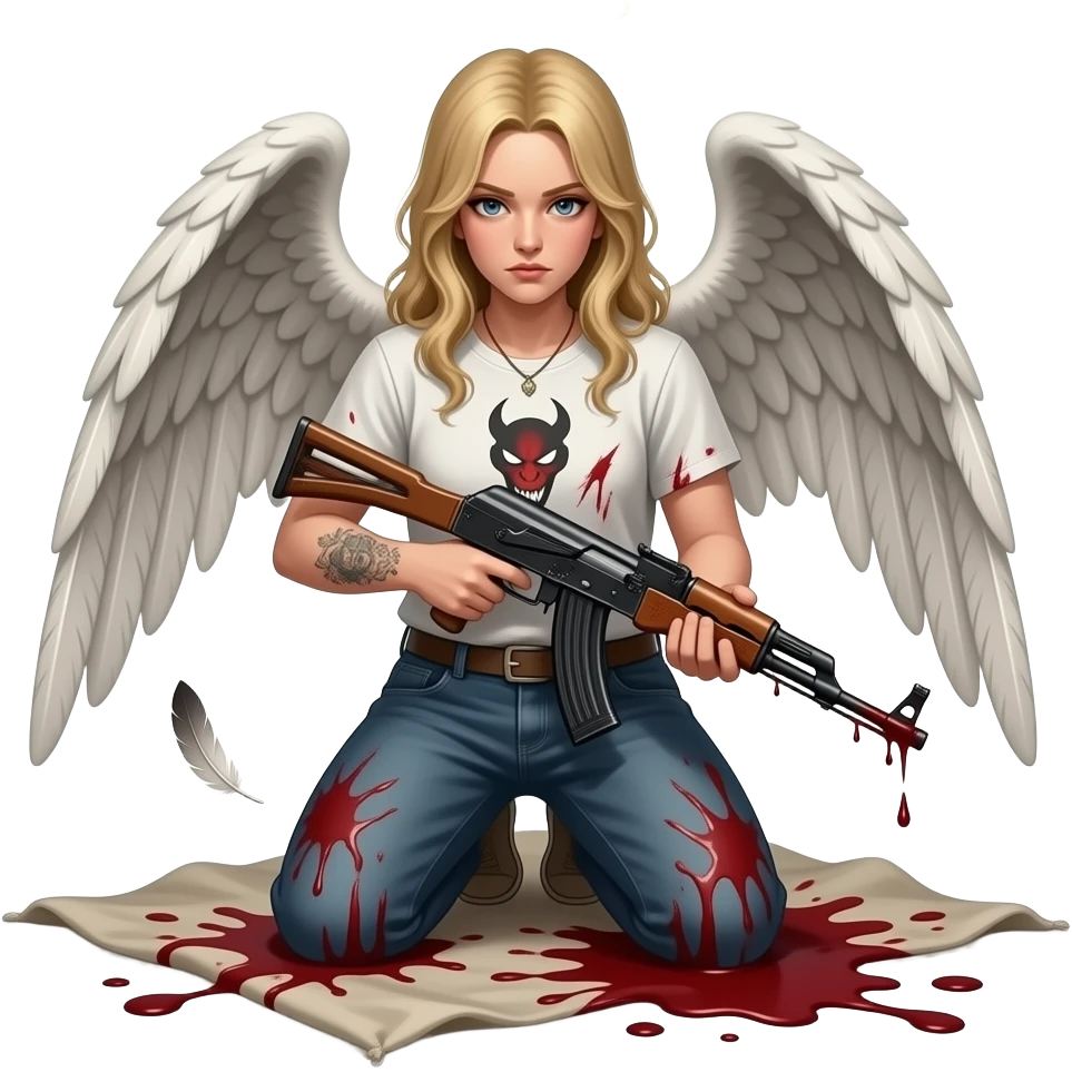 Tattoo looking , drawing , demon face , War angel kneeling with uzi , blood rag and drop blood leaking out uzi , and angel wings with ring over head and one feather falling off emoji