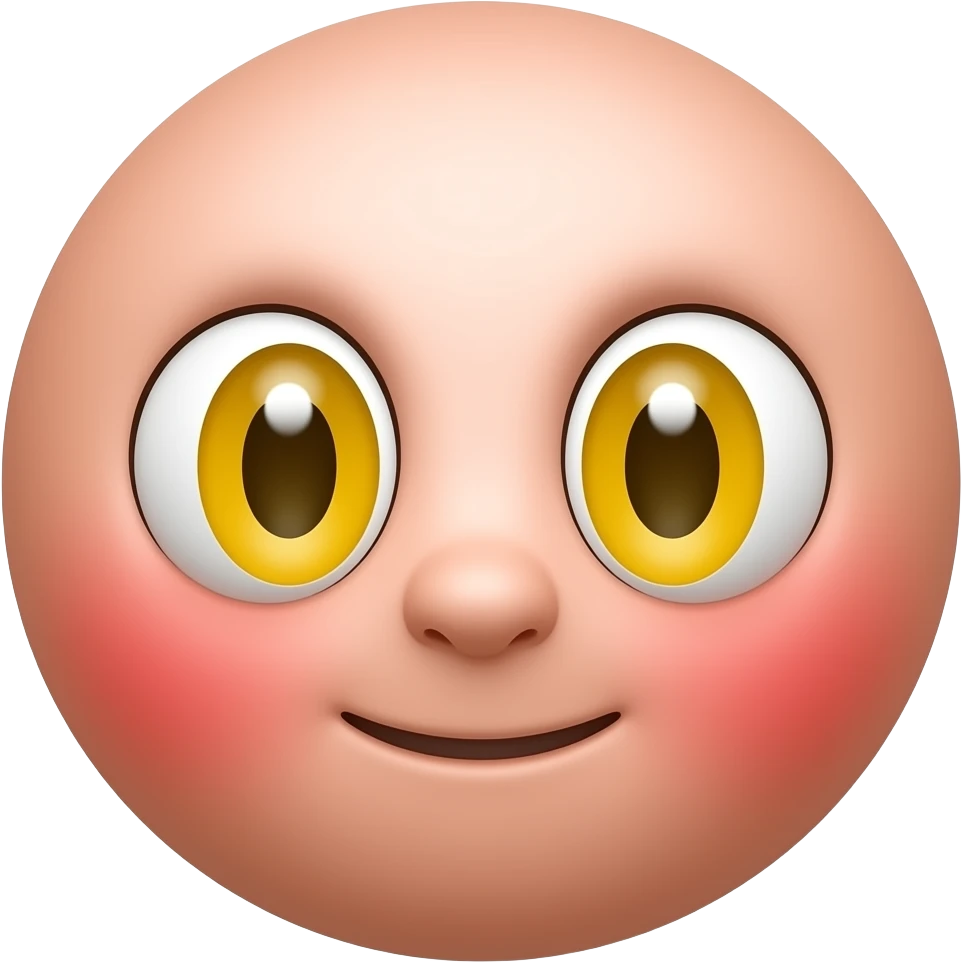 빨간 얼굴의 홍조를 하고 있는. 노란 눈알  갈색 동공의 귀여운 만화 입체적 이모티콘 emoji