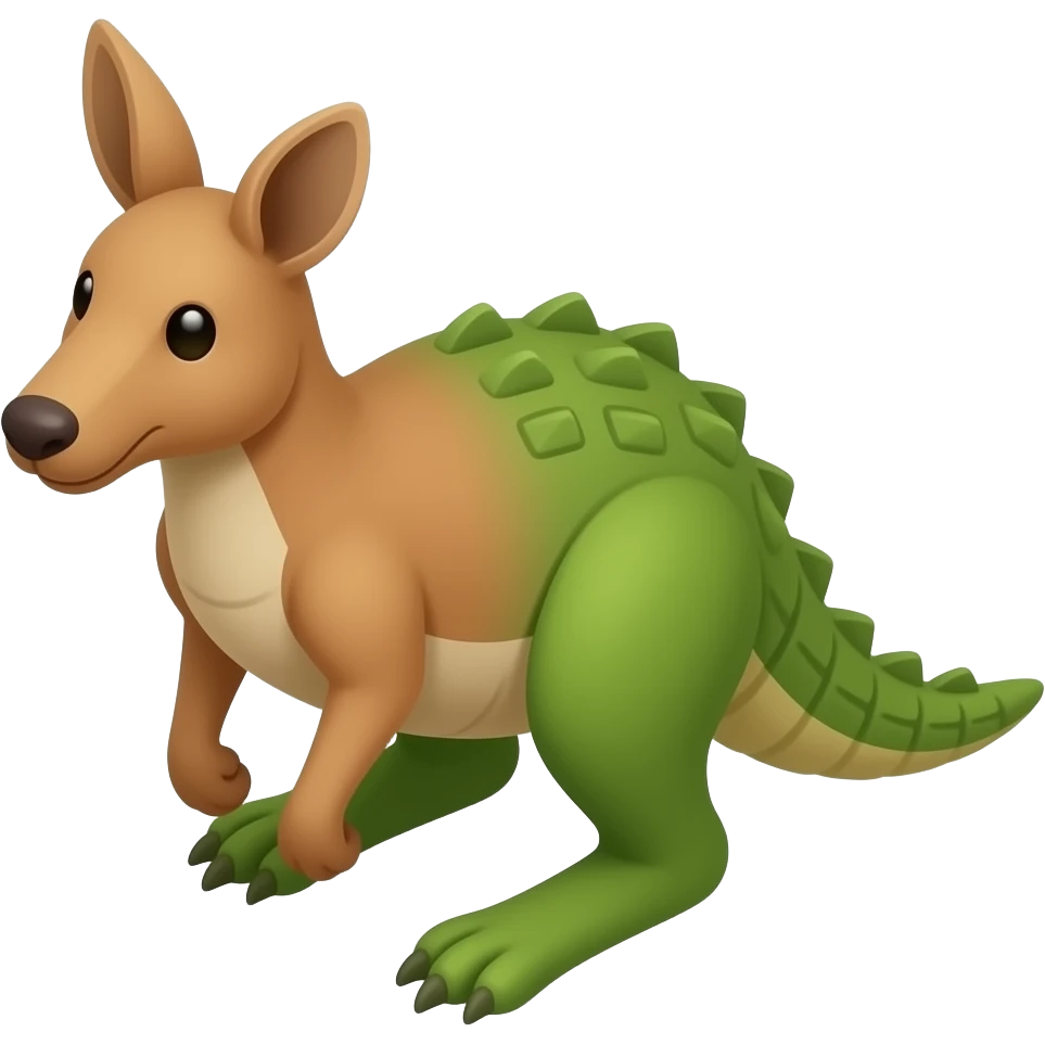 🦘 kangaroo + 🐊 crocodile → fused and combined into one creature and body, 3/4 top-down isometric game unit without any ground, readable silhouette, mobile game style, single anatomy, large head, simplified details, recognizable at 64x64, emoji color language, transparent background emoji