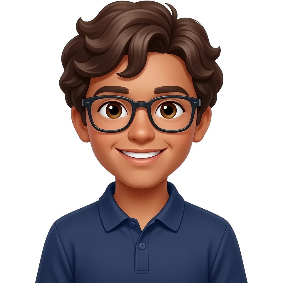 14 year old Boy with brown wavy hair, no part in the hair, glasses, brown coloured skin and a smile, navy polo shirt emoji