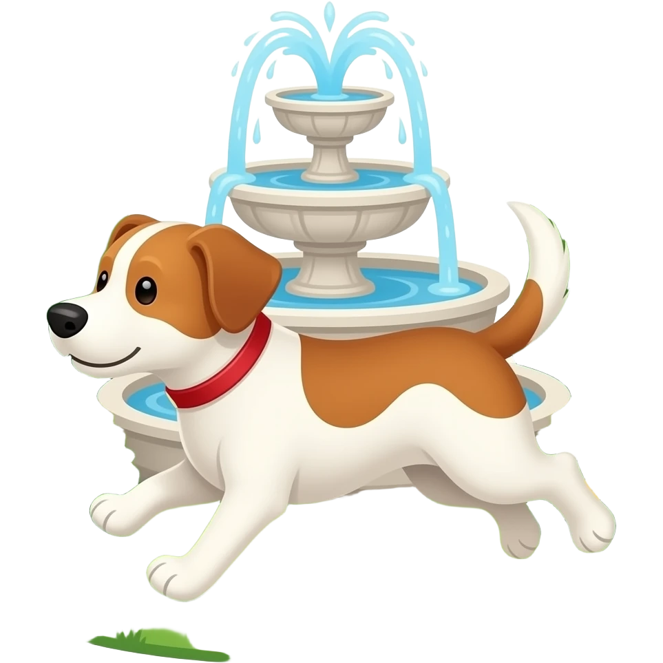 The dog runs around the garden fountain. emoji