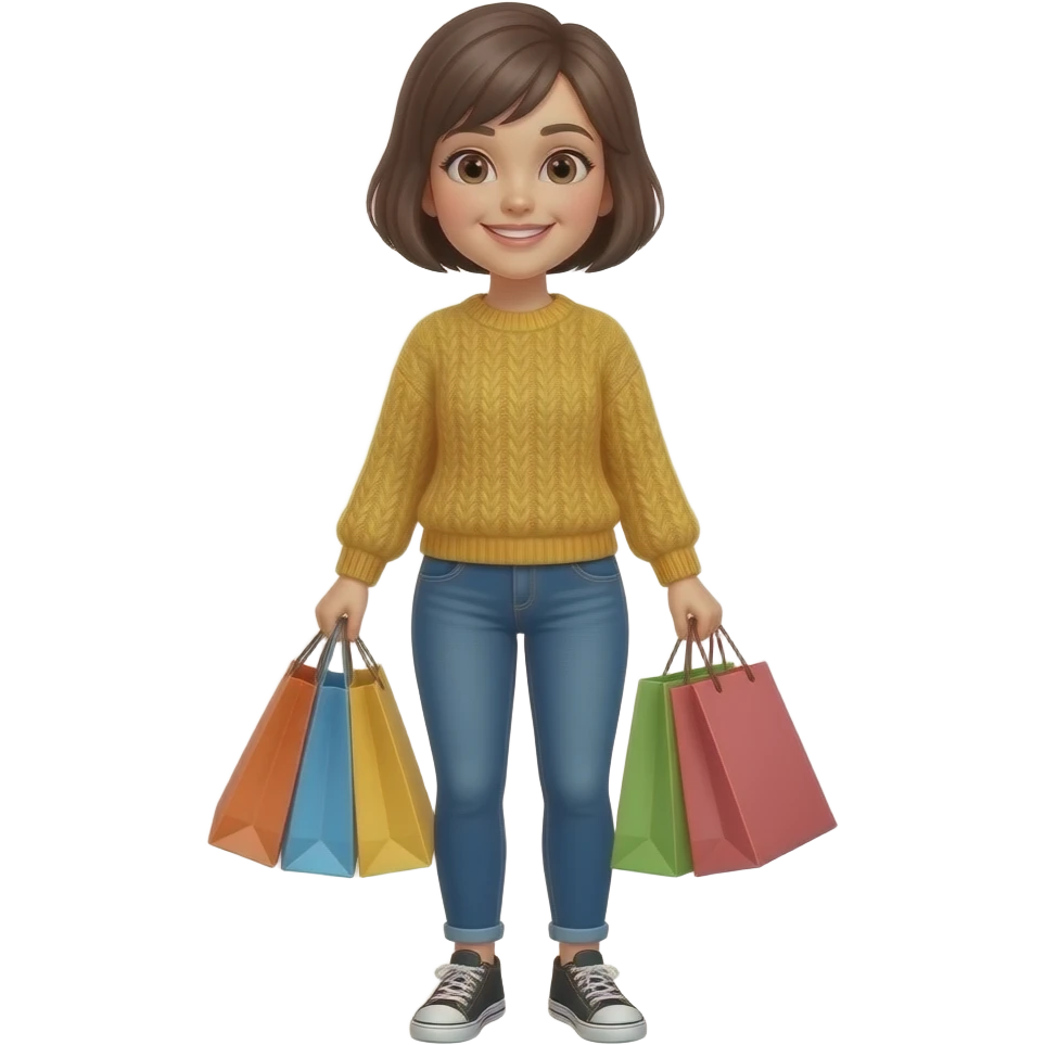 woman full body standing short pixie hair jeans sweater smile holding shopping bags emoji