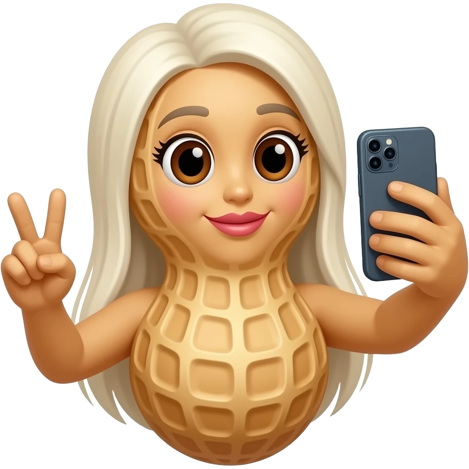 An anthropomorphic peanut with a peanut face peanut arms and brown eyes long platinum blonde hair and plump lips makes a peace sign while taking a selfie on her phone emoji