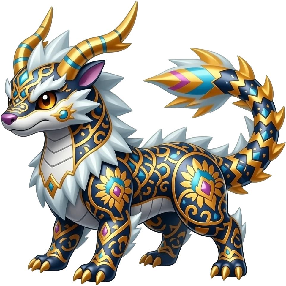 Shiny colorful Oriental painted marked patterned Asian beautiful elegant extravagant extraordinary Litten-Zygarde-Zangoose-fusion emoji