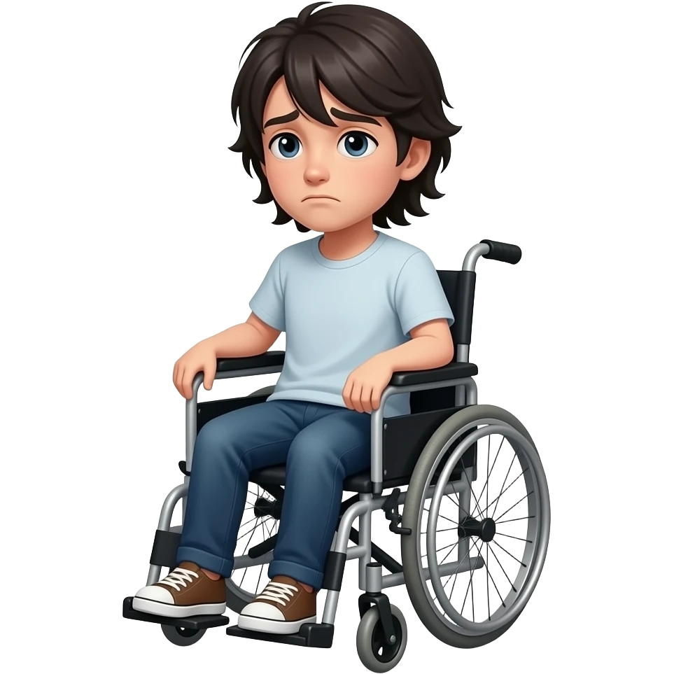 a sick boy with dark long hair sitting in a wheelchair emoji