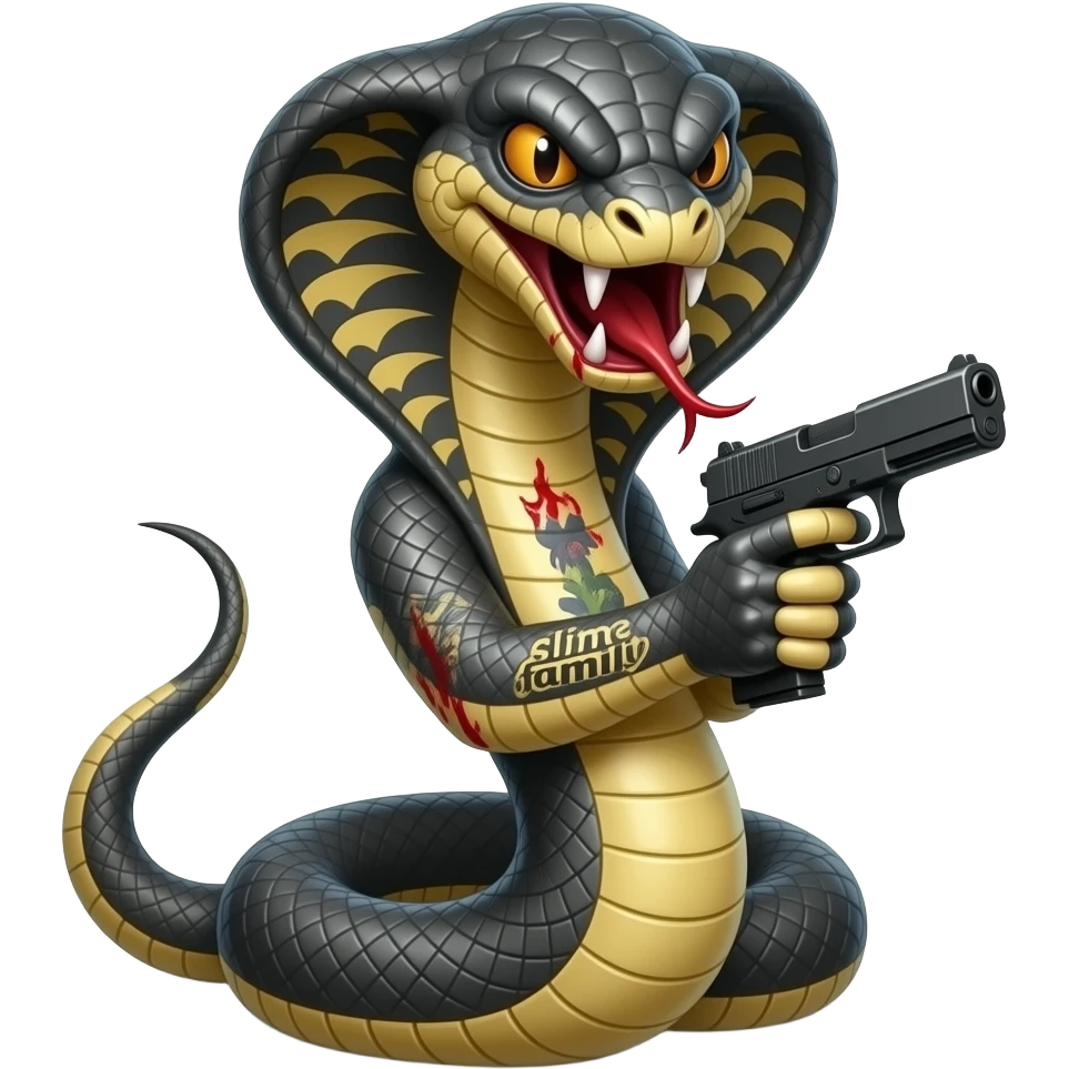 Angry cobra with “slime family” tattoo. bloody fangs, and holding a ...