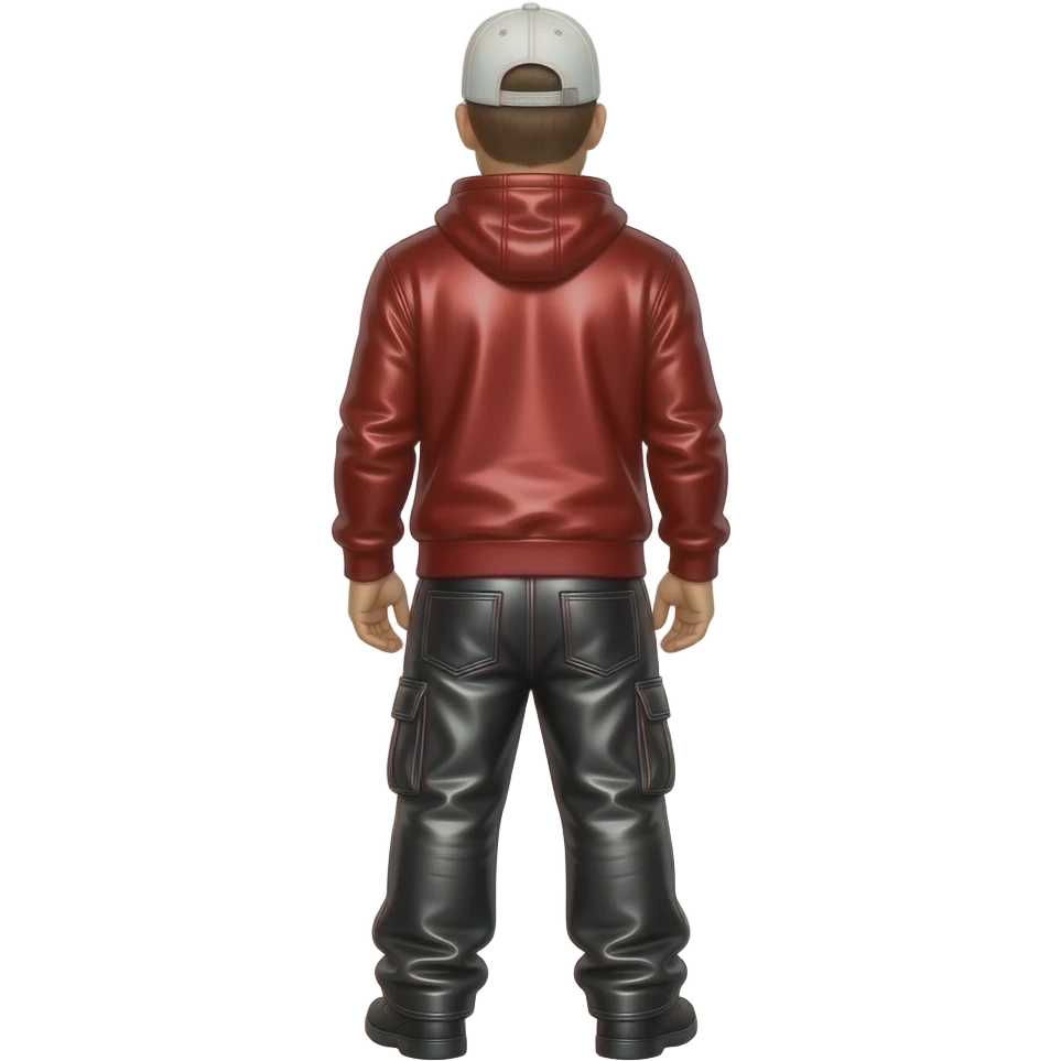 Donnie Wahlberg from behind with white cap, ruby red metallic sweatshirt, black metallic baggy pants emoji