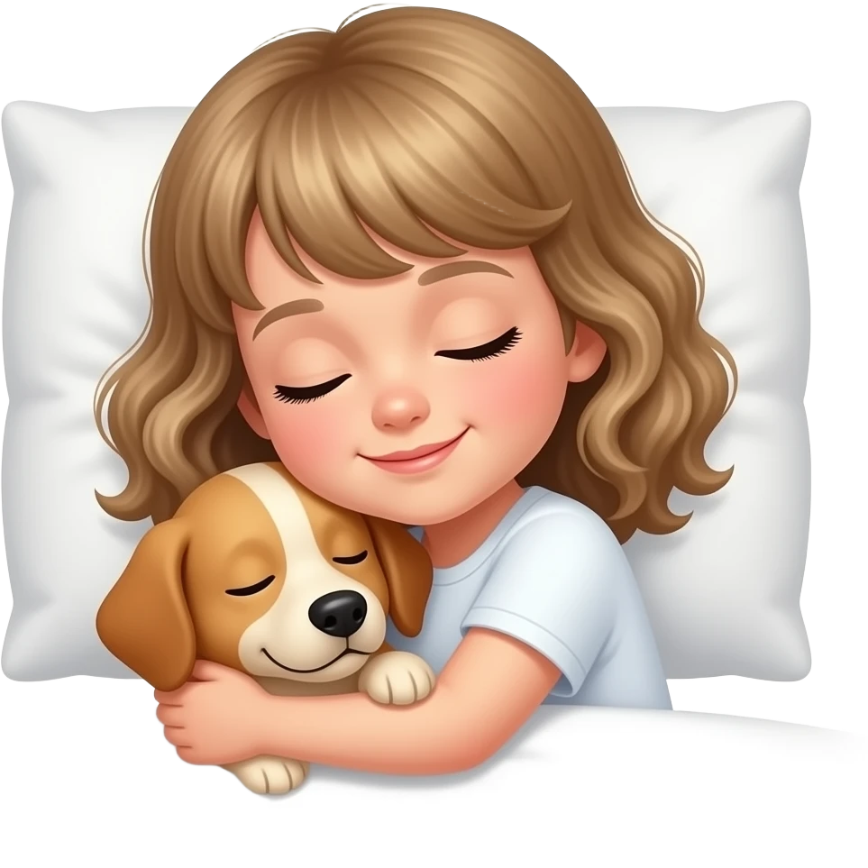 white kid  mid length hair to shoulders with bangs soft curly hair to shoulders in color: middle to little darker blond. sleeping on a pillow with a soft smile and hugging a brun beige dog emoji