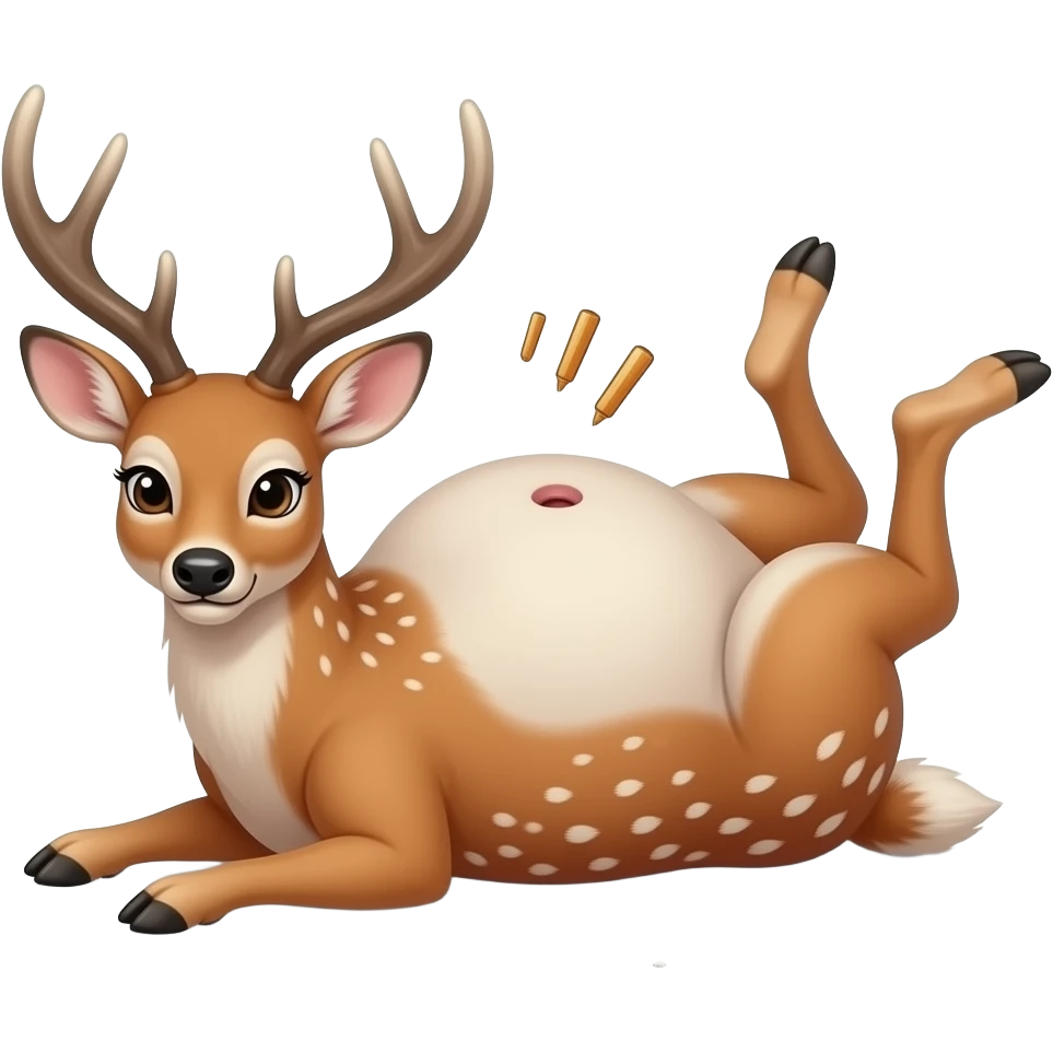 A female deer/doe is sprawling on her back unable to move,she got stuck by her own massive obese tummy,couldn’t even try defend her bellybutton from fingering tickling pokers,she is that Fat,She is too full for fun right now,that deer is going to pop. emoji