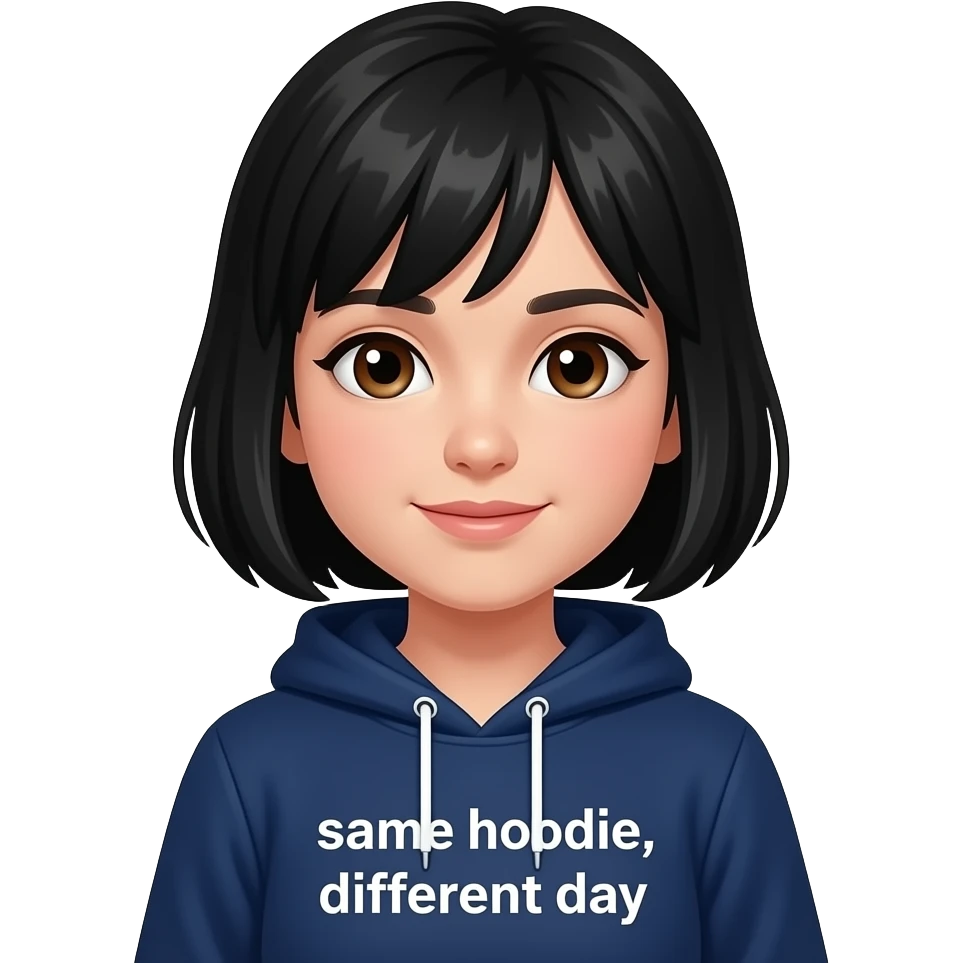 Make a girl with black hair and brown eyes. Make her wear a dark blue hoodie saying same hoodie, different day emoji