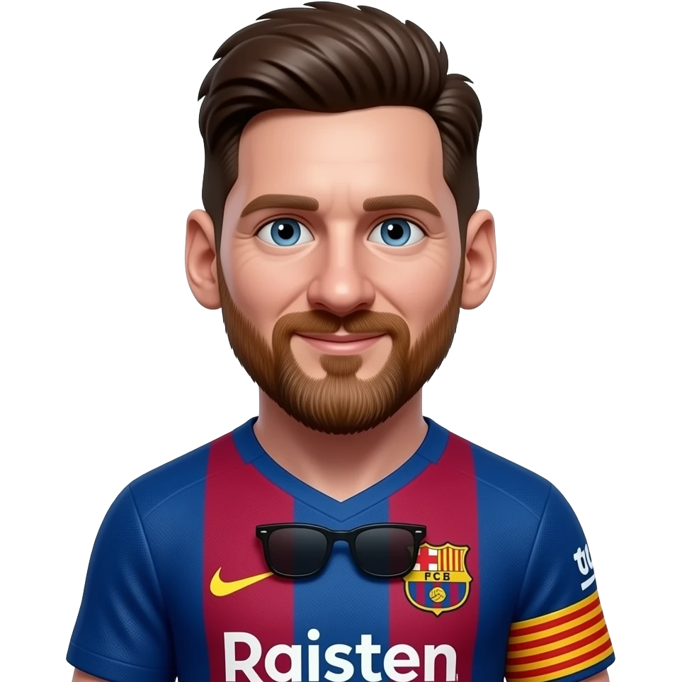 Messi-inspired 3D emoji, full Barcelona jersey, 2 tiny black sunglasses near chest and sleeve. emoji