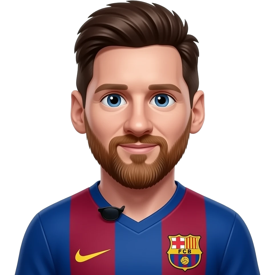 Messi-inspired 3D emoji, full Barcelona jersey, 1 small identical black sunglasses near the collar. emoji