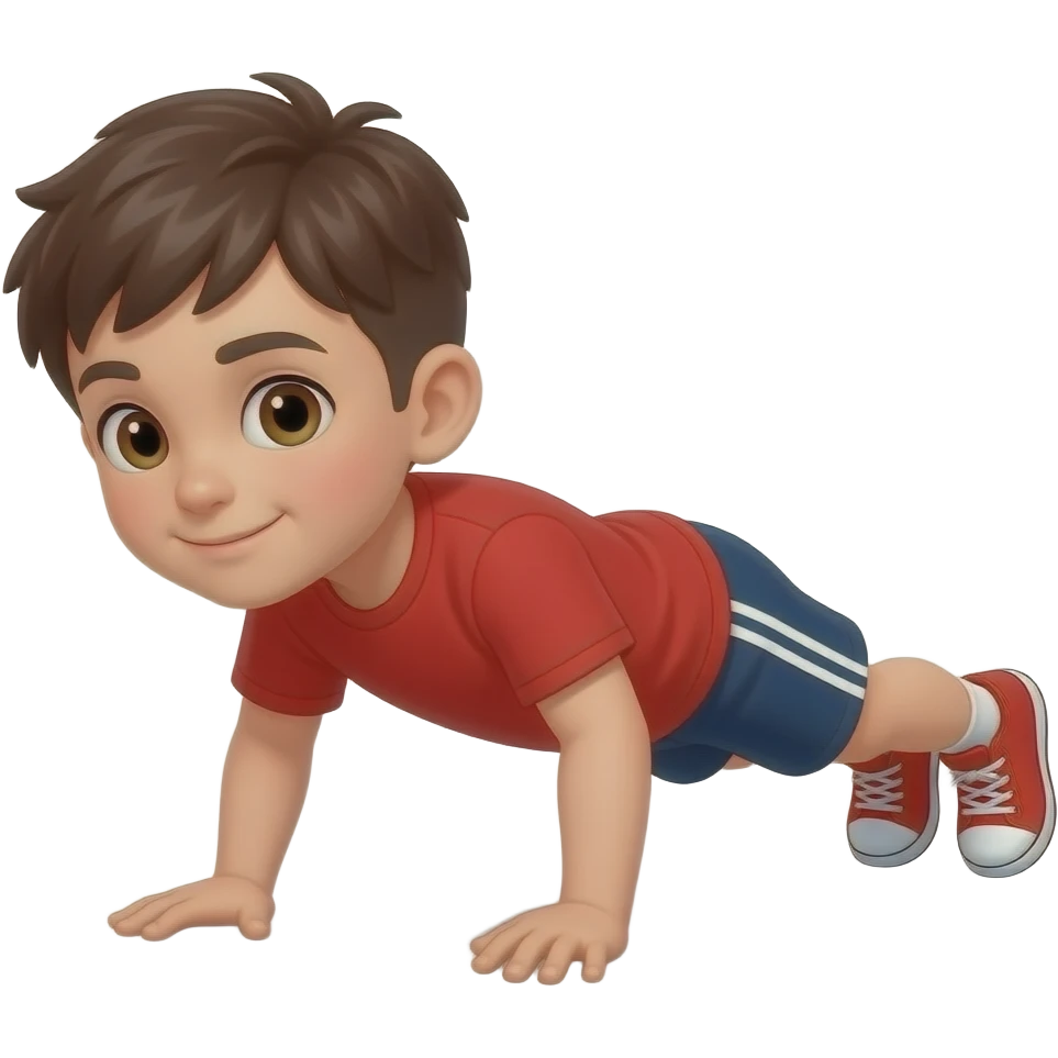 young boy wearing red doing a push up emoji