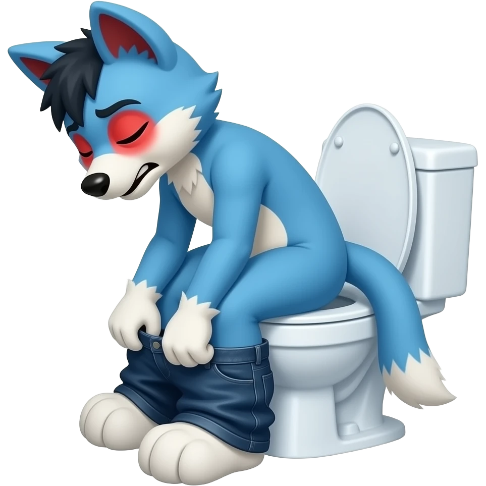 blue fursuit sitting on toilet, side view , pants down, pushing, eyes closed, straining face, red face emoji