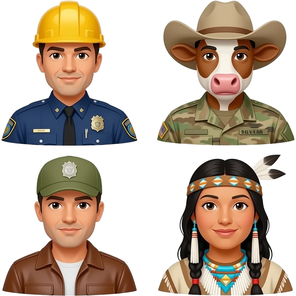A police officer, a construction worker, a cowboy, a soldier, a leather man, a native american emoji
