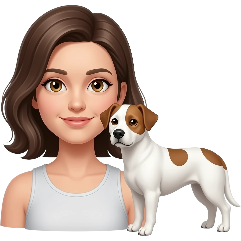 Female white w shoulder length brown hair parted on the sine & hazel eyes next to a white w brown spots dog emoji