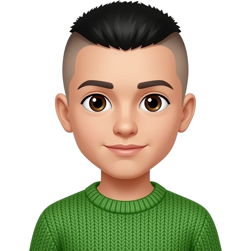 Half body emoji of a boy with shaved hair and black forelock, dark brown eyes, in green sweater emoji