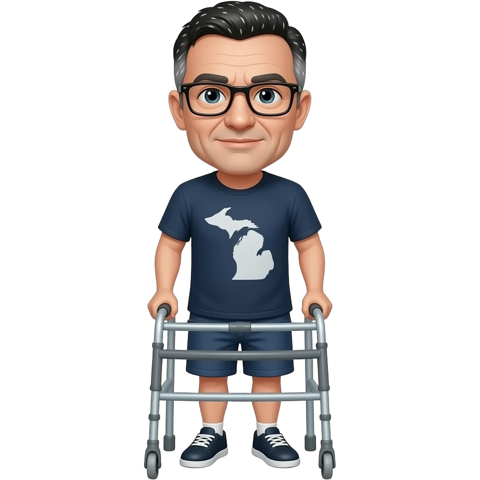 an emoji of a guy using a walker.  He has black and white speckled hair, black rectangle glasses, no facial hair. He should be wearing a short sleeve t-shirt with the state of michigan on it (not the university of michigan- a map of michigan) and a pair of shorts. hes 65. emoji