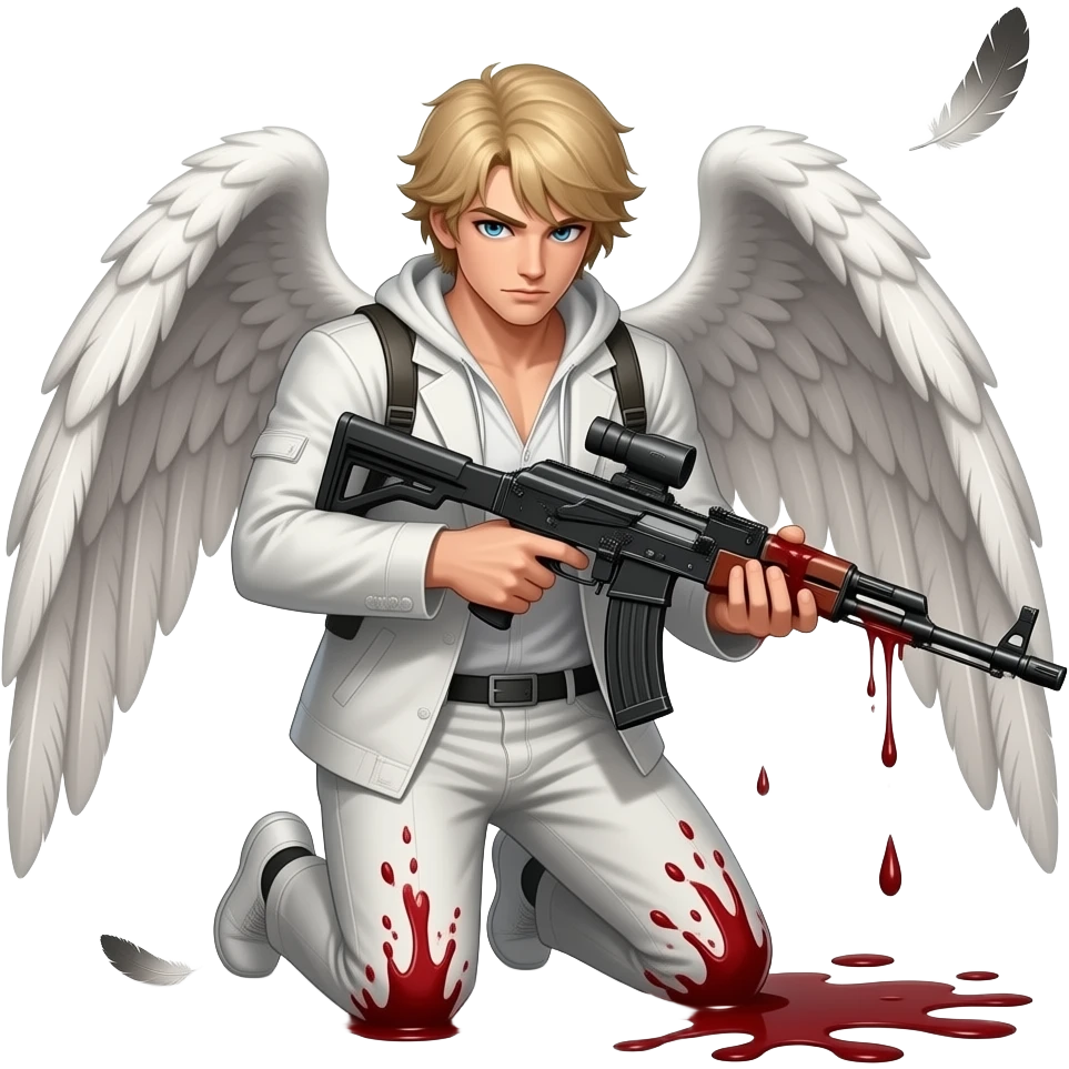 Tattoo looking , drawing , War angel kneeling with uzi , blood rag and drop blood leaking out uzi , and angel wings with ring over head and one feather falling off emoji