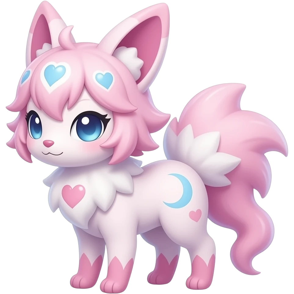 Rosy beautiful gorgeous pretty Petite shiny glossy sparkly romantic pastel damask Absol-Sylveon-Amaura-Milotic-Minccino-Furret-Fakemon-hybrid with heart and moon patterns emoji
