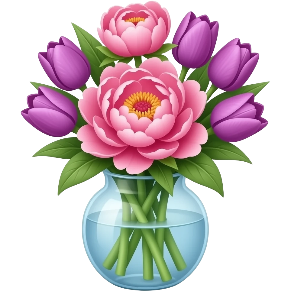 pink peonies and purple tulips in a vase emoji