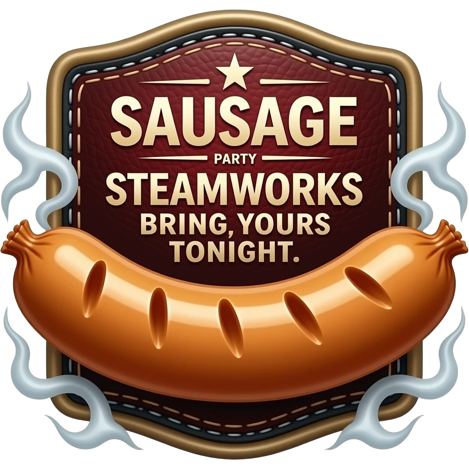 Poster "Sausage party at SteamWorks, bring yours tonight." In a gay male leatherman theme. emoji