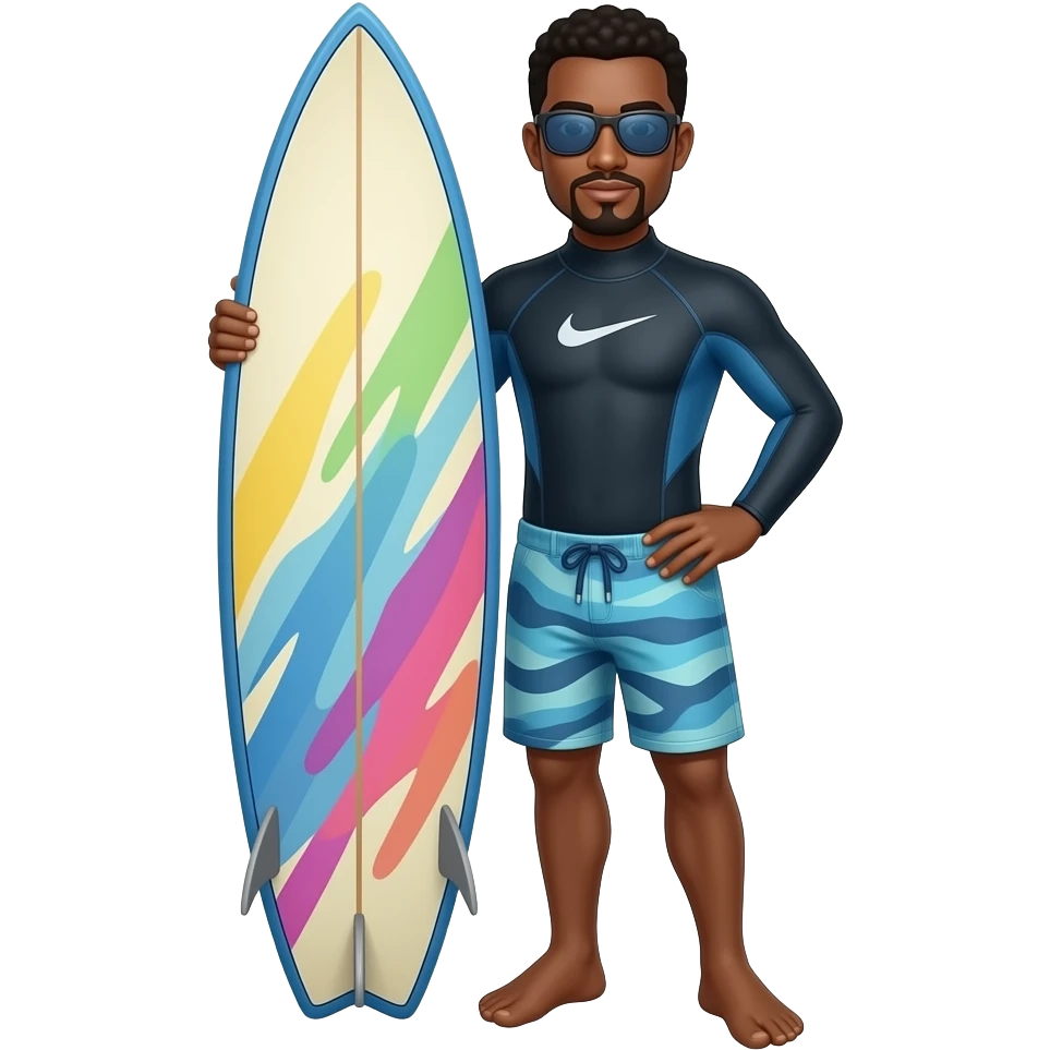 A cute chibi 3D render of a Black man in a wetsuit and swim trunks, holding a surfboard. He is wearing sunglasses and standing with one hand on his hip. The surfboard has a colorful abstract design emoji