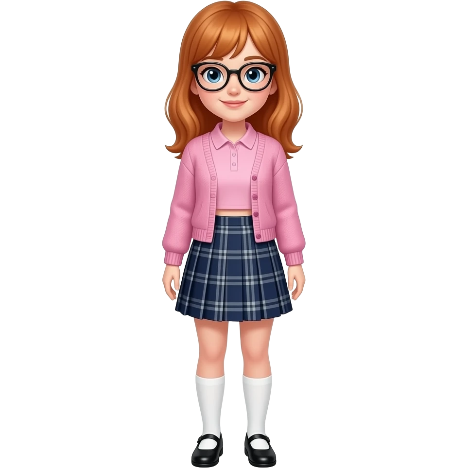 a girl with fair skin, ginger hair, bangs, blue eyes, wearing black glasses, a light pink polo shirt under a pink crop cardigan, a dark brown knee-length pleated skirt with navy blue-and-gray plaid lines and white knee-high socks over black flats emoji