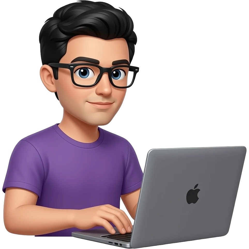 Create a emoji with a human (younger man, 30 yo with glasses rayban meta, black hair as Paul Atreides - Dune Character) working with a laptop MacBook Pro 16" space gray. The color of his t-shirt will be #6729D8 emoji